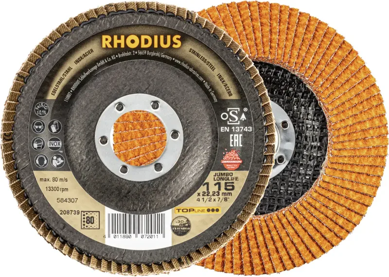 Rhodius 208739 JUMBO LONGLIFE EXTENDED Fächerschleifscheibe Körnung (num) 80 Edelstahl, Stahl 10 St. von Rhodius – Produktbild 1 von 2