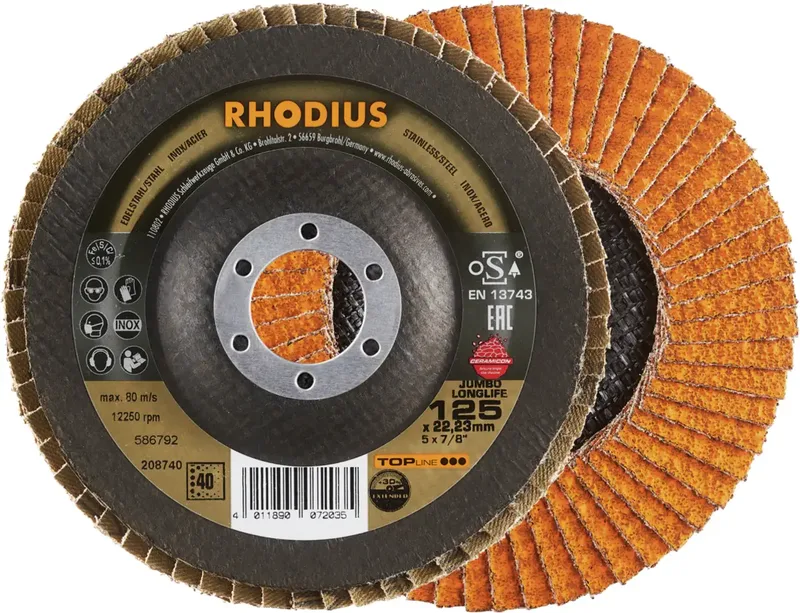 Rhodius 208740 JUMBO LONGLIFE EXTENDED Fächerschleifscheibe Körnung (num) 40 Edelstahl, Stahl 10 St. fra Rhodius – produktbillede 1 af 2