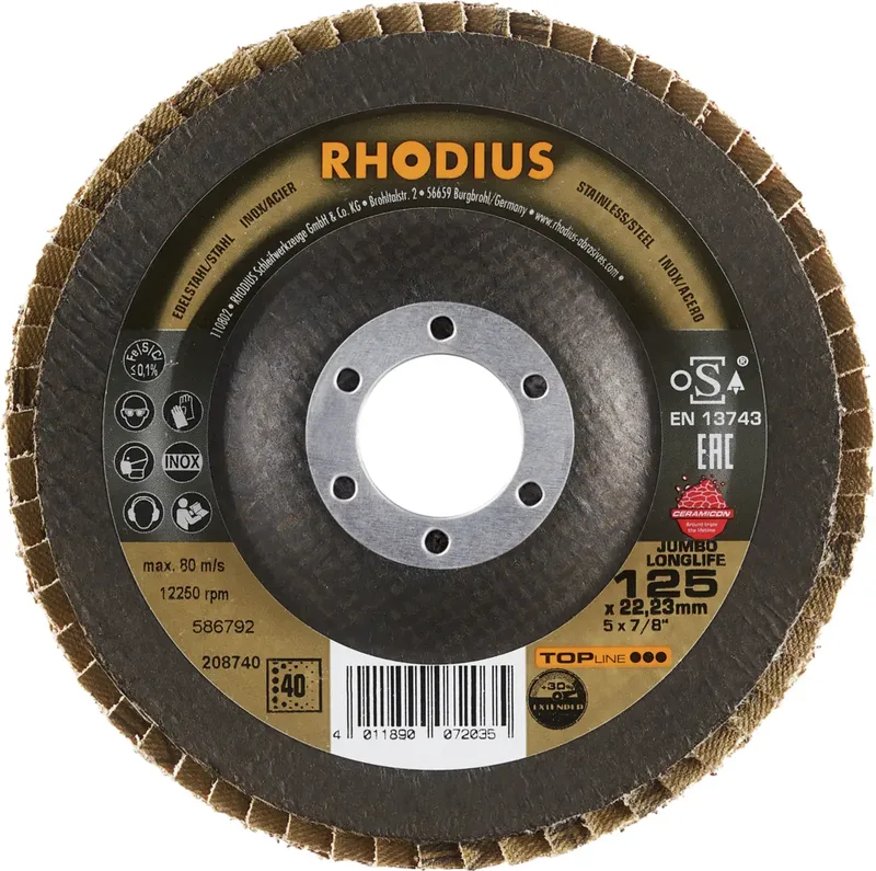 Rhodius 208740 JUMBO LONGLIFE EXTENDED Fächerschleifscheibe Körnung (num) 40 Edelstahl, Stahl 10 St. fra Rhodius – produktbillede 2 af 2