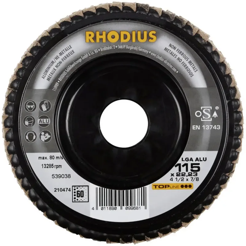 Rhodius 210474 LGA ALU Fächerschleifscheibe Durchmesser 115 mm Bohrungs-Ø 22.23 mm Körnung (num) 60 NE-Metalle 1 St. fra Rhodius – produktbillede 2 af 2
