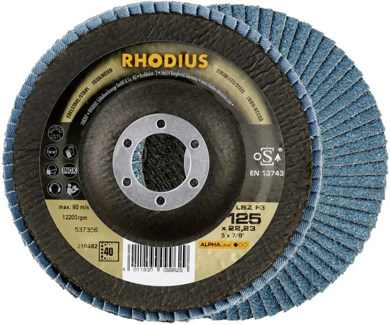 Rhodius 210480 LSZ F3 Fächerschleifscheibe Durchmesser 115 mm Bohrungs-Ø 22.23 mm Körnung (num) 60 Edelstahl 1 St. fra Rhodius – produktbillede 1 af 2