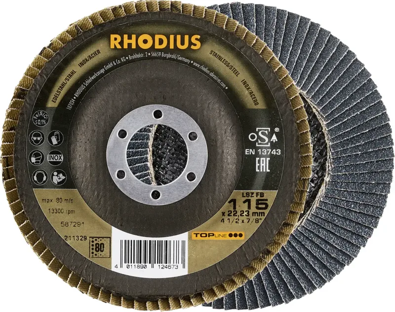 Rhodius 211329 Fächerschleifscheibe Durchmesser 115 mm Bohrungs-Ø 22.23 mm Körnung (num) 80 Edelstahl, Stahl 1 St. fra Rhodius – produktbillede