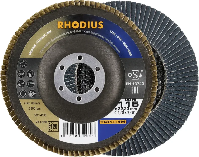 Rhodius 211330 Fächerschleifscheibe Durchmesser 115 mm Bohrungs-Ø 22.23 mm Körnung (num) 120 Edelstahl, Stahl 1 St. de Rhodius – image du produit