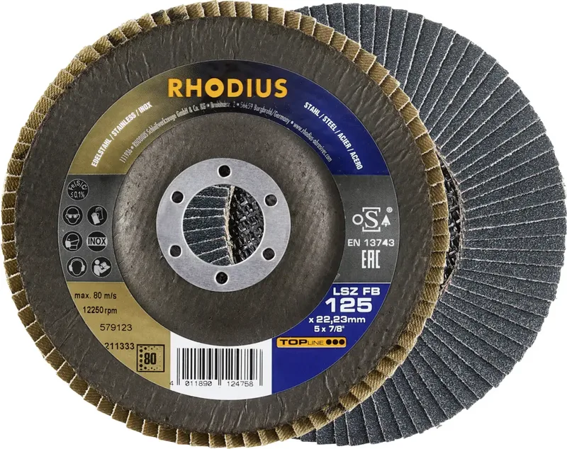Rhodius 211333 Fächerschleifscheibe Durchmesser 125 mm Bohrungs-Ø 22.23 mm Körnung (num) 80 Edelstahl, Stahl 1 St. fra Rhodius – produktbillede