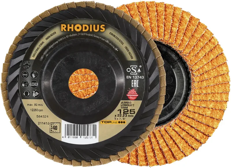 Rhodius 211410 JUMBO LONGLIFE TRIM Fächerschleifscheibe Körnung (num) 40 Edelstahl, Stahl 10 St. fra Rhodius – produktbillede 1 af 2