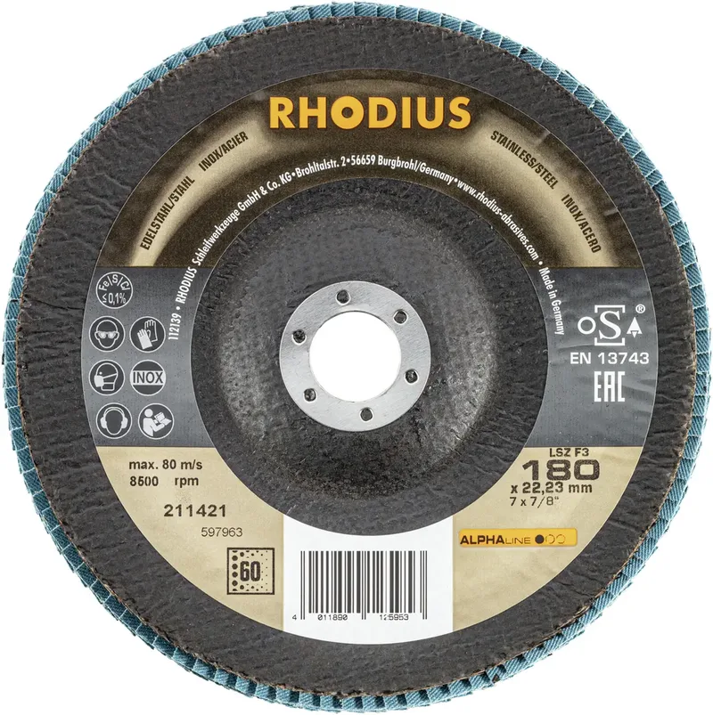 Rhodius 211421 LSZ F3 Fächerschleifscheibe Körnung (num) 60 Edelstahl, Stahl 10 St. von Rhodius – Produktbild