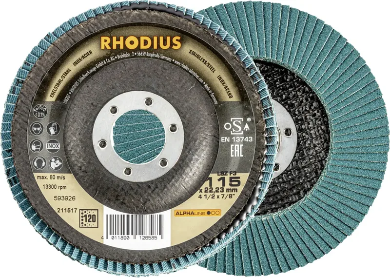 Rhodius 211517 Fächerschleifscheibe Durchmesser 115 mm Bohrungs-Ø 22.23 mm Körnung (num) 120 Edelstahl, Stahl 1 St. fra Rhodius – produktbillede