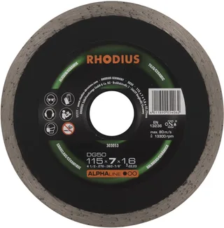 Rhodius 303053 DG50 Diamanten doorslijpschijf Diameter 115 mm Boordiameter 22.23 mm Tegels, Keramiek 1 stuk(s) de Rhodius – image du produit 1 sur 2