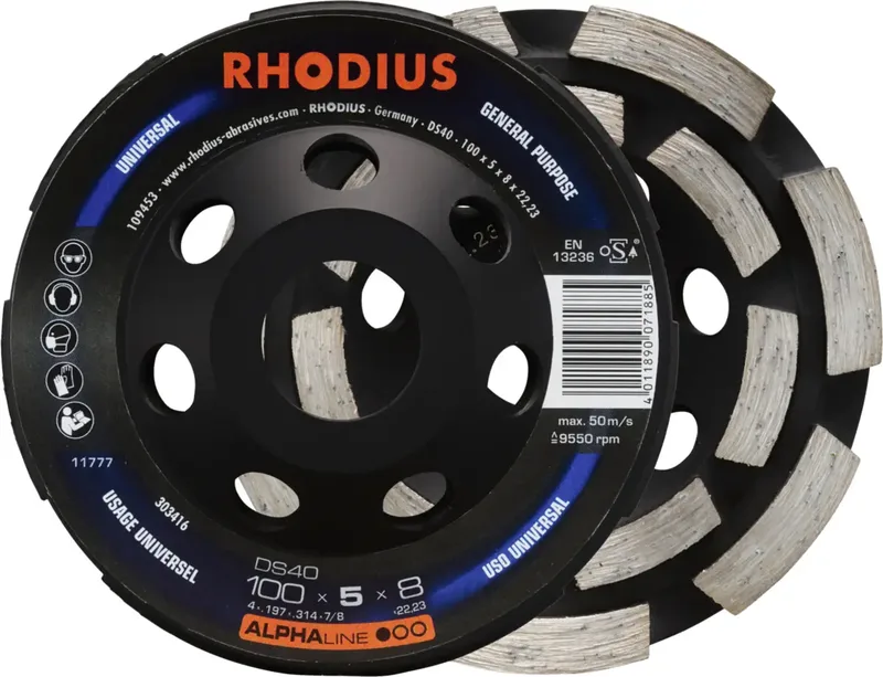 Rhodius 303416 RHODIUS DS40, Diamantschleiftopf 100 x 5,0 x 8,0 x 22,23 mm, Diamantschleiftopf, ALPHAline, für Beton DS40 1 St. von Rhodius – Produktbild