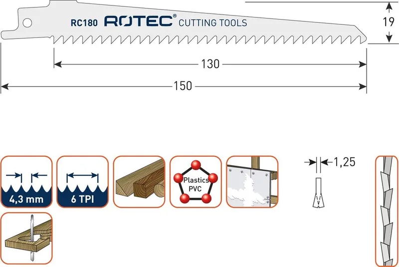 Reciprozaagblad RC180 / 3021/150 (vpe 5) de Rotec – image du produit