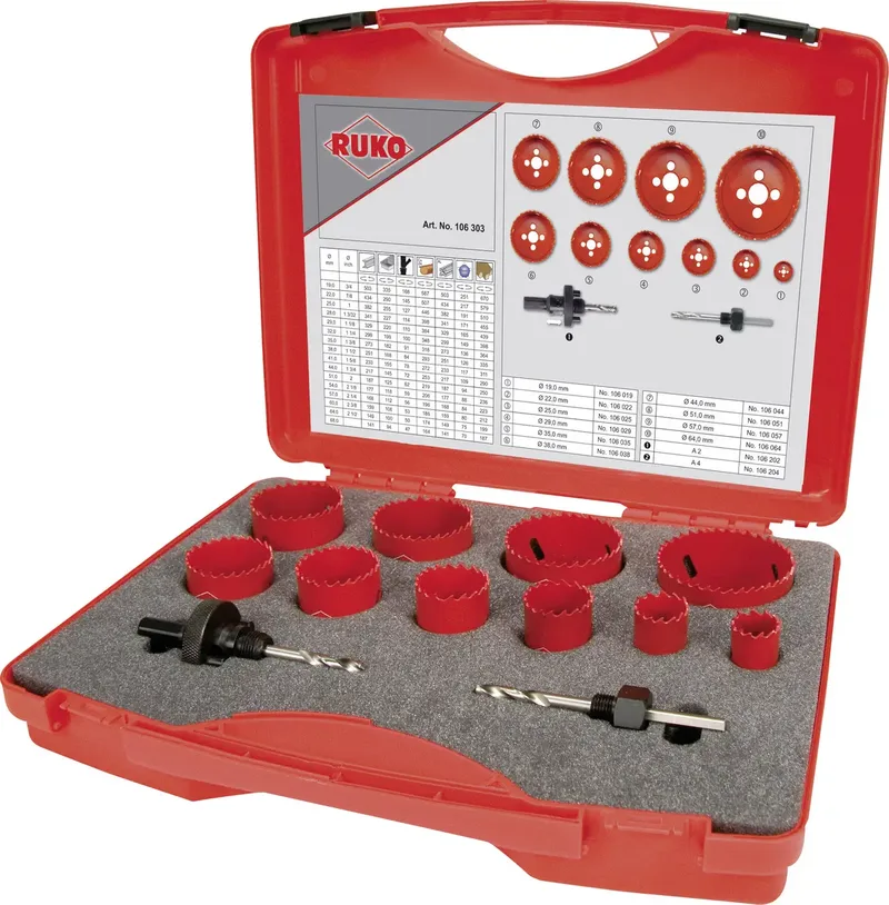 RUKO 106303 Lochsägen-Set 12teilig 19 mm, 22 mm, 25 mm, 29 mm, 35 mm, 38 mm, 44 mm, 51 mm, 57 mm, 64 mm 1 Set de Ruko – image du produit