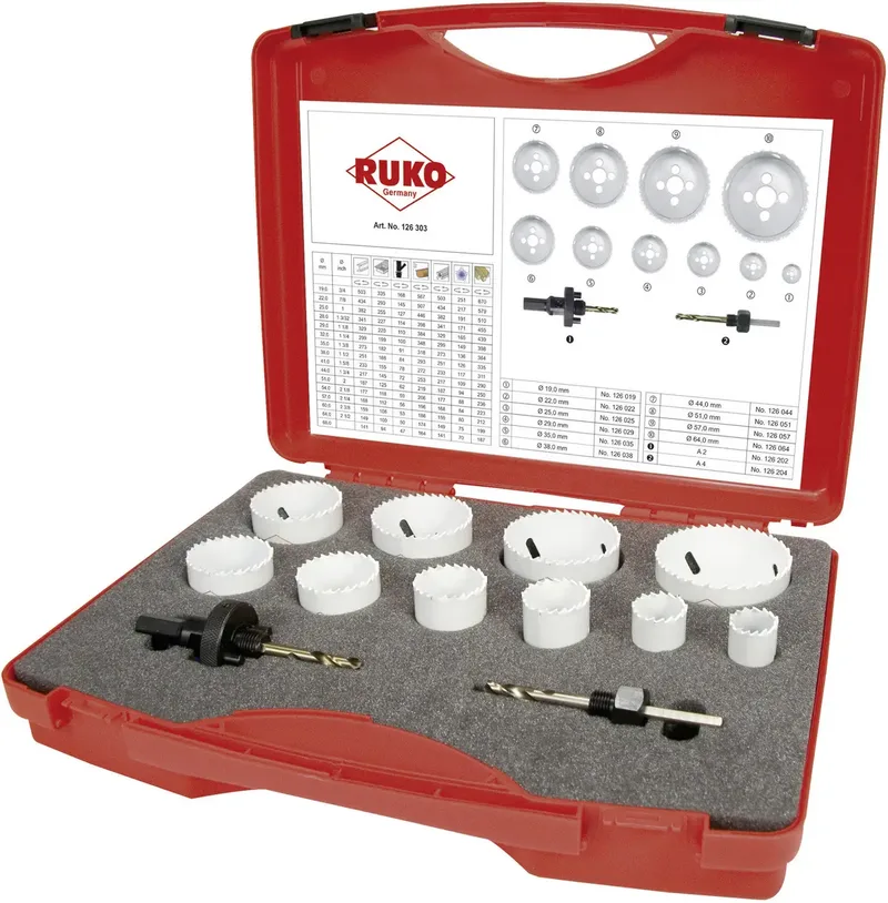 RUKO 126303 Lochsägen-Set 12teilig 19 mm, 22 mm, 25 mm, 29 mm, 35 mm, 38 mm, 44 mm, 51 mm, 57 mm, 64 mm Cobalt 1 Set de Ruko – image du produit 1 sur 2