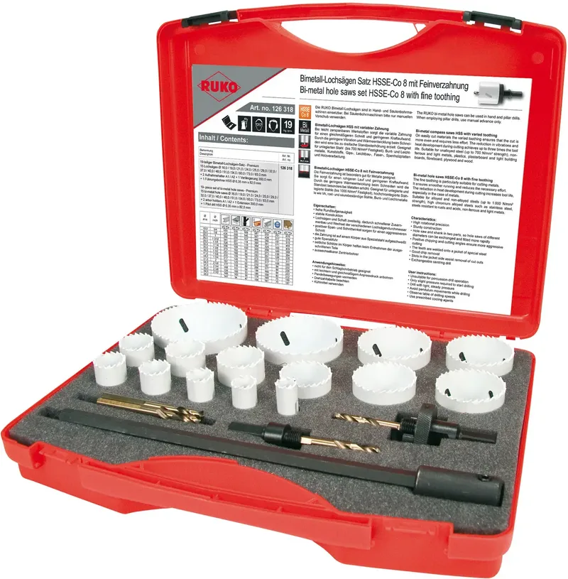 RUKO 126318 Lochsägen-Set 21teilig 16 mm, 19 mm, 21 mm, 24 mm, 25 mm, 29 mm, 32 mm, 37 mm, 40 mm, 48 mm, 51 mm, 54 mm, 60 mm, 73 mm, 83 mm Cobalt 1 St. de Ruko – image du produit