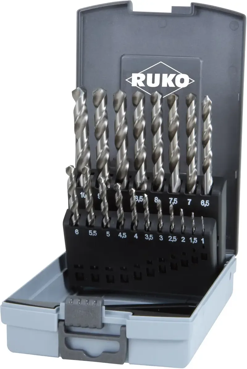 RUKO 214214RO HSS-G Metall-Spiralbohrer-Set 19teilig 1 mm, 1.5 mm, 2 mm, 2.5 mm, 3 mm, 3.5 mm, 4 mm, 4.5 mm, 5 mm, 5.5 mm, 6 mm, 6.5 mm, 7 mm, 7.5 mm, 8 mm von Ruko – Produktbild
