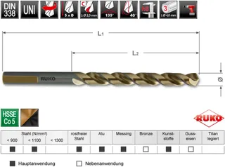 RUKO 228060 HSSE-Co 5 Spiraalboor 6 mm Gezamenlijke lengte 93 mm DIN 338 1 stuk(s) fra Ruko – produktbillede 2 af 2