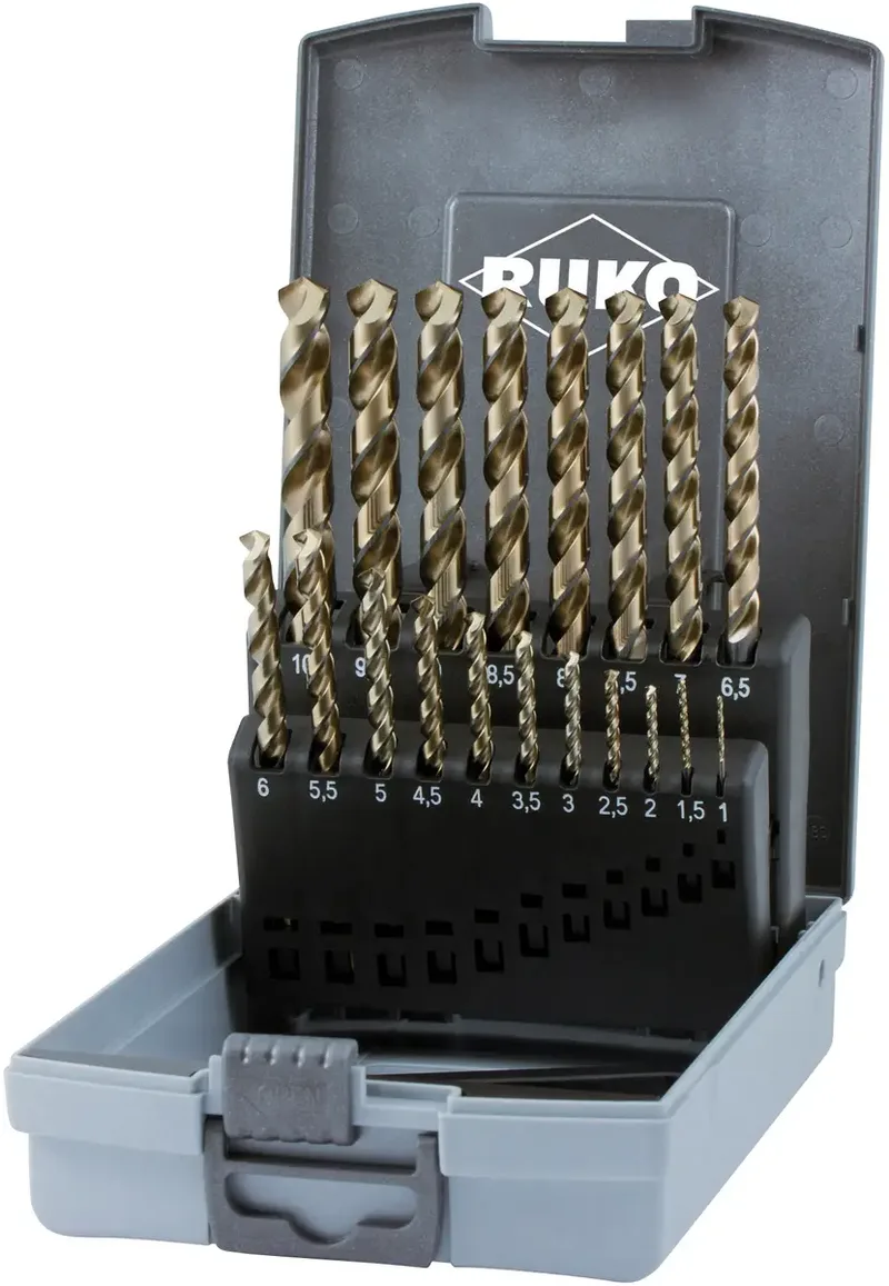 RUKO 228214RO HSSE-Co 5 Metall-Spiralbohrer-Set 19teilig 1 mm, 1.5 mm, 2 mm, 2.5 mm, 3 mm, 3.5 mm, 4 mm, 4.5 mm, 5 mm, 5.5 mm, 6 mm, 6.5 mm, 7 mm, 7.5 mm, 8 de Ruko – image du produit 1 sur 2