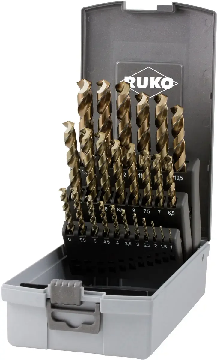 Spiralbohrersatz DIN 338 Typ UNI HSSE Co 5 in Kunststoffkassette (ABS) 25-teilig von Ruko – Produktbild