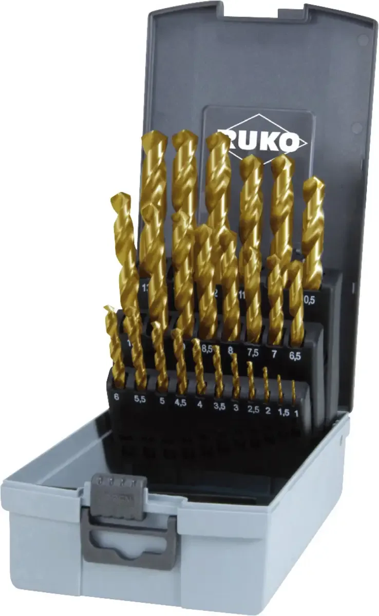 RUKO 250215TRO DIN 338 Typ N HSS-G Spiralbohrer-Set 25teilig 1 mm, 1.5 mm, 2 mm, 2.5 mm, 3 mm, 3.5 mm, 4 mm, 4.5 mm, 5 mm, 5.5 mm, 6 mm, 6.5 mm, 7 mm, 7.5 mm van Ruko – productafbeelding