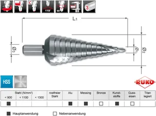 Stufenbohrer Bohrber.4-30mm HSS Spiralnut Stufen 14 RUKO by Ruko – product image 2 of 2