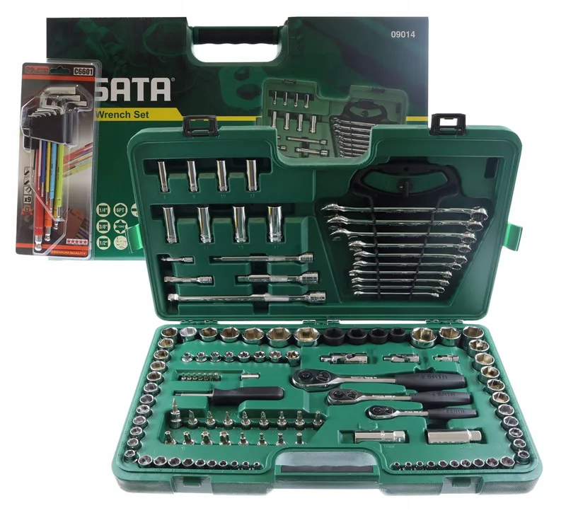120-delige gereedschapsset 1/4" 3/8" 1/2" met gratis inbussleutelset van Sata, Groen – productafbeelding