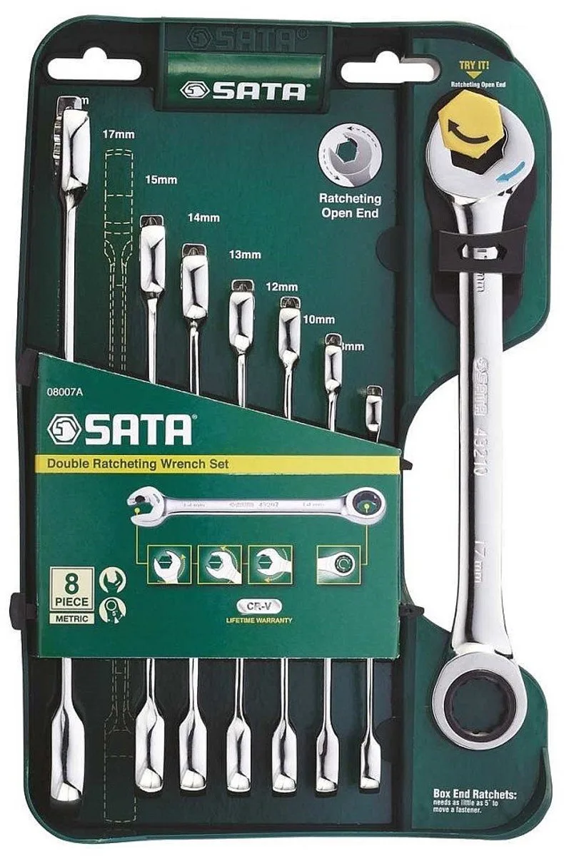ST08007ASJ - Sleutelset met Ratelsleutel - 8 Stuks - Dubbele Ratel - Chrome Vanadium by Sata, Silver – product image