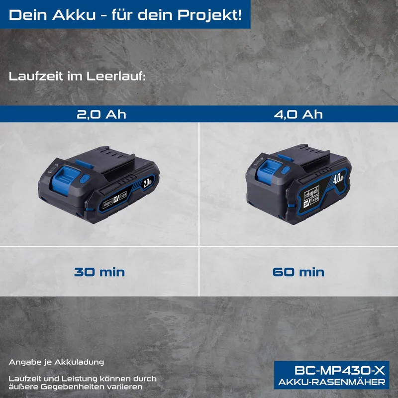 Accu Grasmaaier BC-MP430-X - Mulchfunctie - 43cm maaibreedte - 6 instelbare maaihoogtes: 27-75mm - 700m² - Met 2x 20V 4,0Ah accu's & duolader de Scheppach – image du produit 3 sur 5