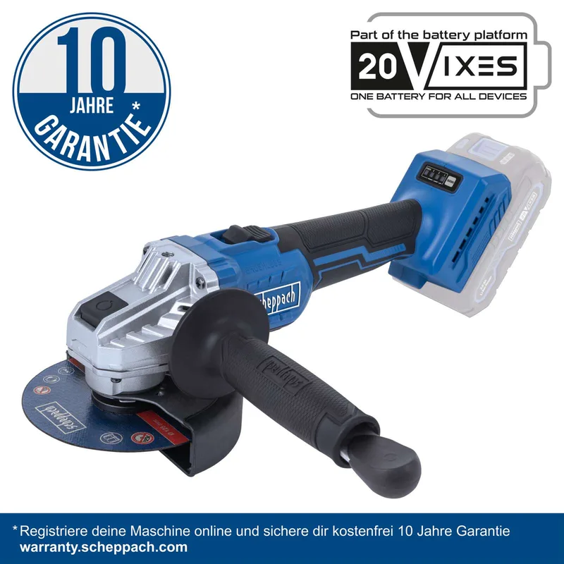 Accu Haakse Slijper 20V BC-AG125P-X - Set - 125 mm - Onbelast toerental 7000 – 10.000 min⁻¹ - Inclusief 20V 2.0 Ah accu en 2.4 A oplader de Scheppach – image du produit 2 sur 4