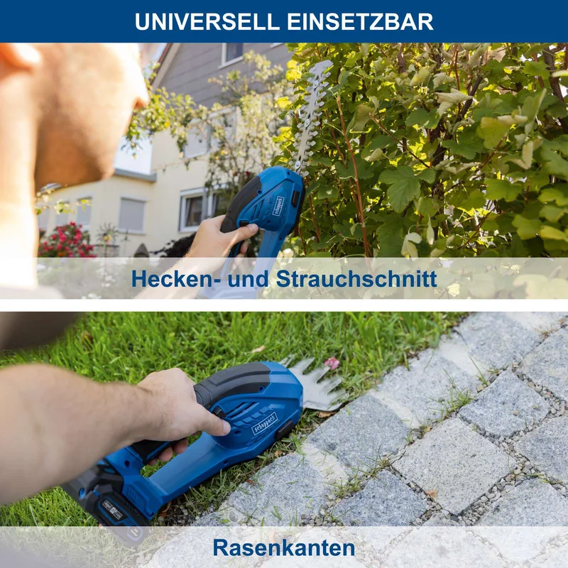 Accu Heggenschaar & Grasschaar C-HTGS200-X - 20V IXES - Heggenschaar met 200mm snoeilengte - Grasschaar met 90mm snoeibreedte - voor struiken, heggen en gras - Incl. 2,0Ah accu & 2,4A lader by Scheppach – product image 4 of 5