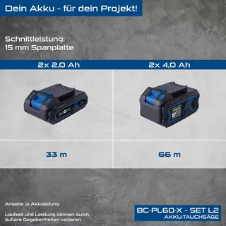 Accu Invalzaag 20V BC-PL60-X - Set L2 - Zaagblad snelheid 3000 – 6300 tpm - Max zaagdiepte bij 90° 61 mm - Max zaagdiepte bij 45° 45mm - incl. 2x 4.0 Ah accu en duo-oplader von Scheppach – Produktbild 4 von 5