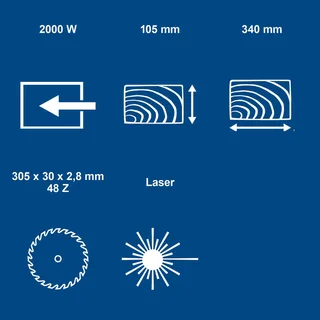 Afkortzaag HM305SL - 2000W - kapzaag - verstekzaag - Ø305mm - 5000 r/min - Kantelbaar (0-48°) - Incl. laser en incl. 48T zaagblad de Scheppach – image du produit 3 sur 5