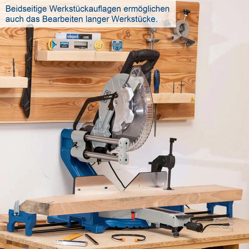 Afkortzaag HM305SL - 2000W - kapzaag - verstekzaag - Ø305mm - 5000 r/min - Kantelbaar (0-48°) - Incl. laser en incl. 48T zaagblad de Scheppach – image du produit 2 sur 5