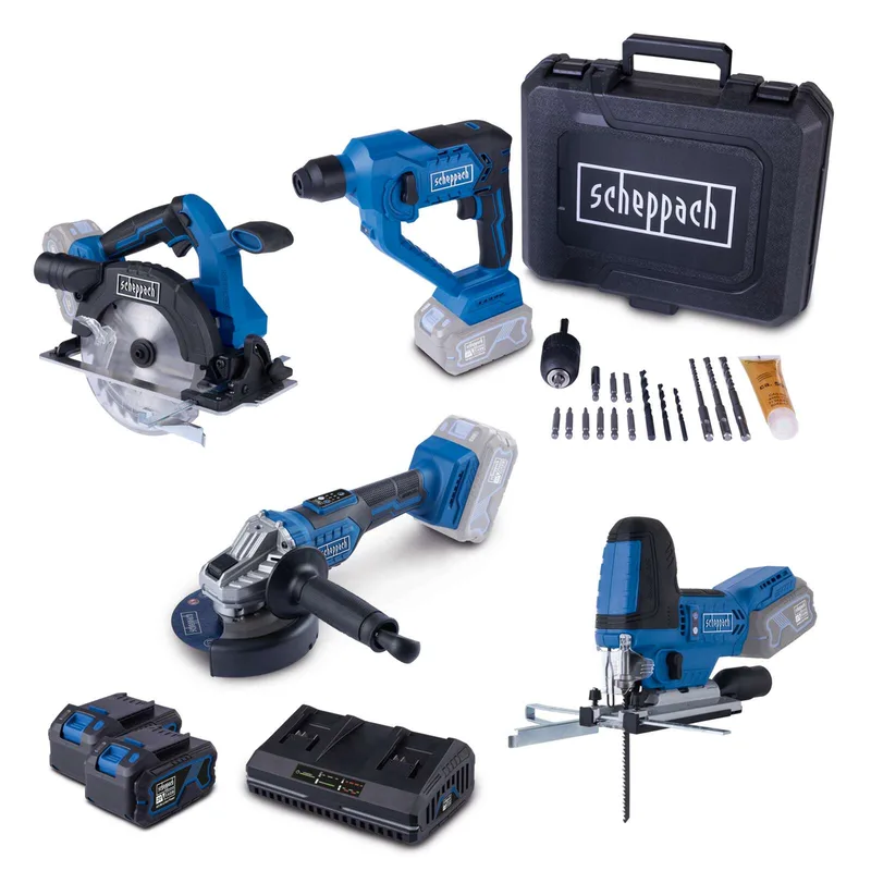 Akku-Aktions-Set AS100 Scheppach - 20V | Stichsäge | Handkreissäge | Winkelschleifer | Bohrhammer | inkl. 2x 4Ah Akku & 4,5A Doppelladegerät de Scheppach – image du produit