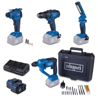 Akku-Aktions-Set AS300 Scheppach - 20V | Bohrhammer | Bohrschrauber | Handkompressor | Arbeitsleuchte | inkl. 4Ah Akku & 2,4A Doppelladegerät by Scheppach – product image 1 of 3