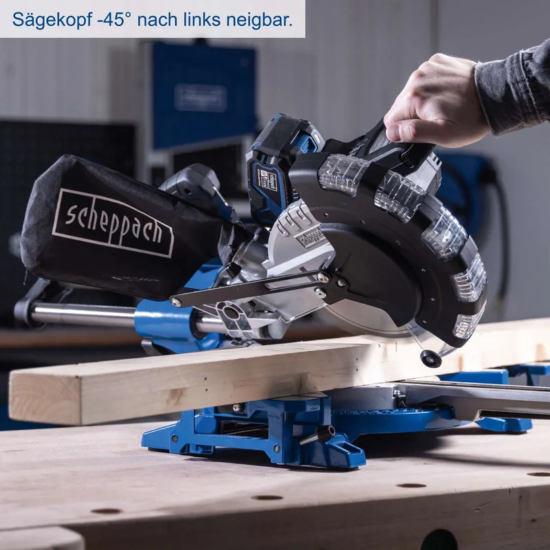 Akku Kapp-, Zug- und Gehrungssäge BC-HM216-X Scheppach - 340mm Schnittbreite | 65mm Schnitthöhe | 24Z | LED-Licht | inkl. 4Ah Akku + 2,4A Ladegerät de Scheppach – image du produit 3 sur 5