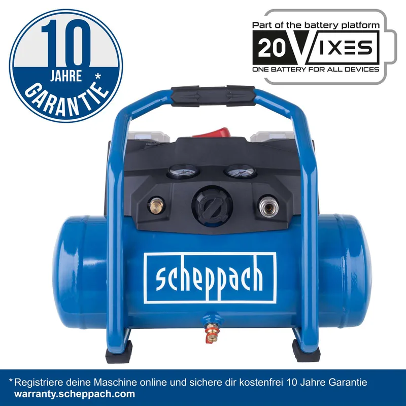 Akku Kompressor C-ACT160/6-X Scheppach - 20V | 8bar | 6L Kessel | 130l/min Ansaugleistung | inkl. 11-tlg. Zubehör u. 2x2Ah Akku + 2,4A Doppelladegerät by Scheppach – product image 2 of 5