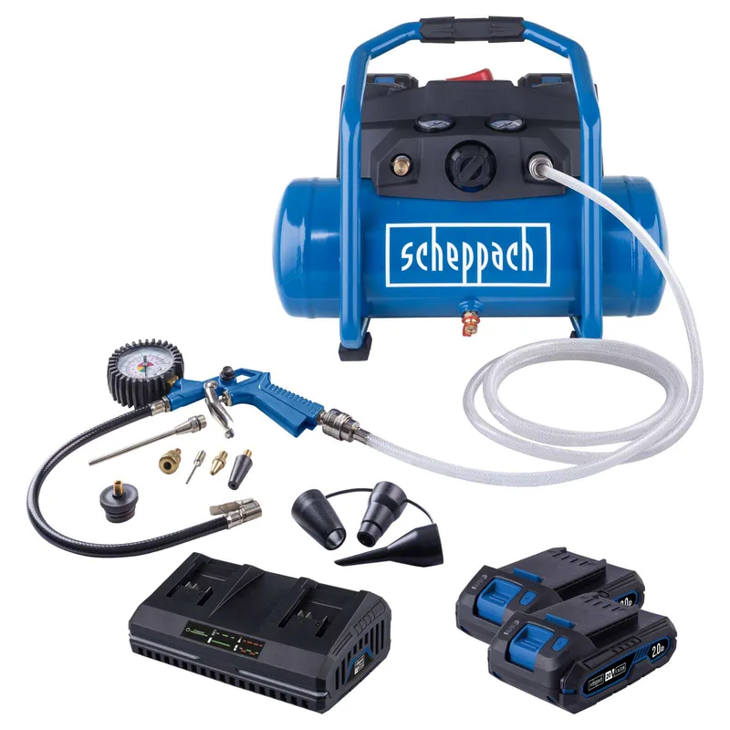 Akku Kompressor C-ACT160/6-X Scheppach - 20V | 8bar | 6L Kessel | 130l/min Ansaugleistung | inkl. 11-tlg. Zubehör u. 2x2Ah Akku + 2,4A Doppelladegerät by Scheppach – product image 1 of 5