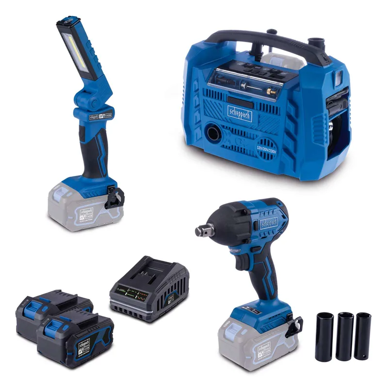 Akku-Werkstatt-Set AWS100 Scheppach - 20V | Kompressor | Schlagschrauber | Arbeitsleuchte | inkl. 2x 4Ah Akku & 2,4A Ladegerät van Scheppach – productafbeelding