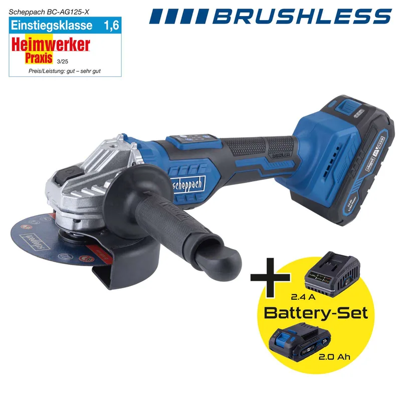 Akku-Winkelschleifer BC-AG125-X Scheppach | Brushless | Schleifscheiben Ø125mm | Drehzahl 3000-10000min-1 | inkl. 2Ah Akku & 2,4A Ladegerät by Scheppach – product image 2 of 3