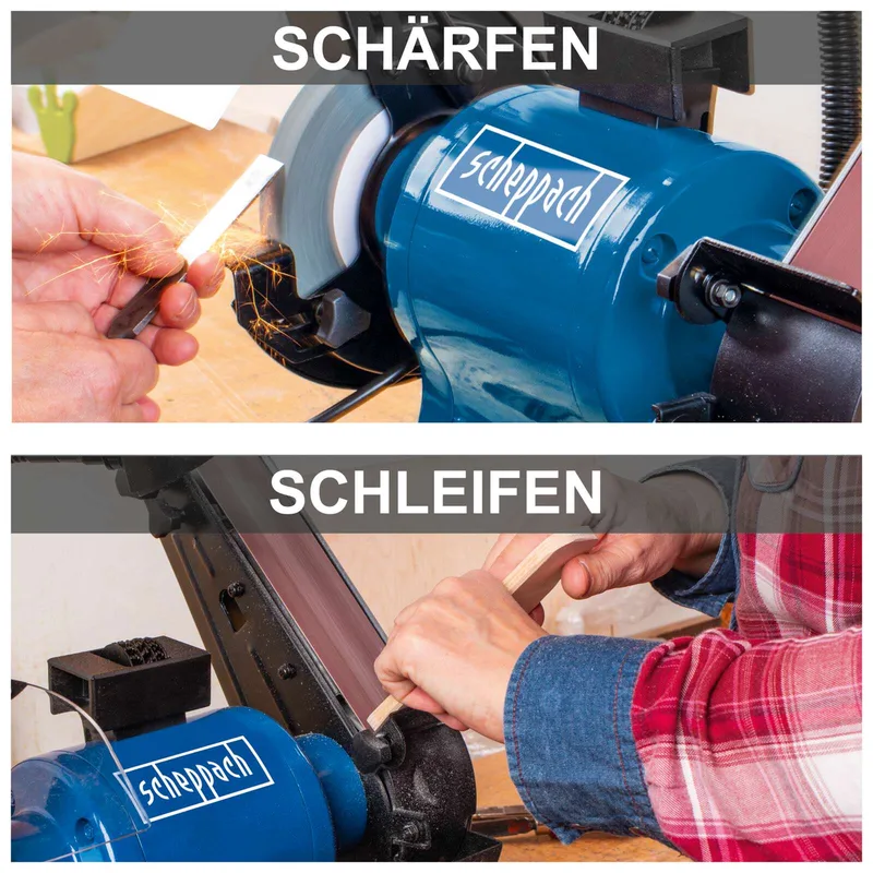 Band-Tellerschleifer BGS700, 936 m/min, (1 tlg), 370 W Induktionsmotor, Ø 150 mm Schleifscheibe van Scheppach, Blauw, Zwart – productafbeelding 4 van 5