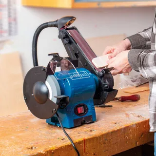 Band-Tellerschleifer BGS700, 936 m/min, (1 tlg), 370 W Induktionsmotor, Ø 150 mm Schleifscheibe van Scheppach, Blauw, Zwart – productafbeelding 5 van 5
