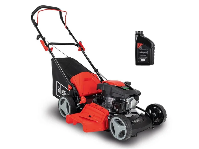 Benzinrasenmäher MP150-46, 46 cm Schnittbreite, (Set), 150 cm³, 3,5 PS Motorleistung, inkl. 0,6 L Ölflasche von Scheppach, Rot, Schwarz – Produktbild 1 von 5