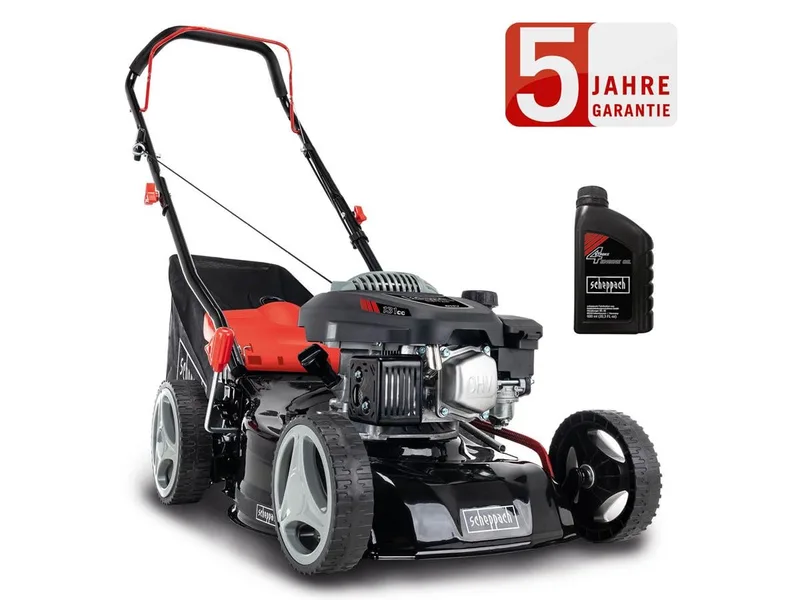 Benzinrasenmäher RM420 3in1, 42 cm Schnittbreite, (Set, inkl. 0,6 L Ölflasche), 3,3 PS mit Reinigungsfunktion von Scheppach, Rot, Schwarz – Produktbild 2 von 5