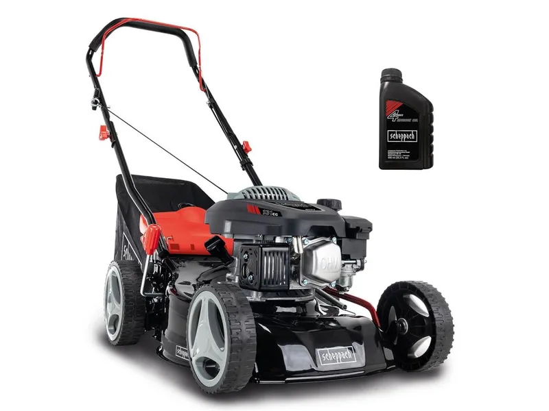 Benzinrasenmäher RM420 3in1, 42 cm Schnittbreite, (Set, inkl. 0,6 L Ölflasche), 3,3 PS mit Reinigungsfunktion von Scheppach, Rot, Schwarz – Produktbild 1 von 5