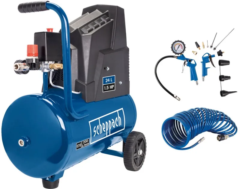 Compressor HC30o - 24L - 8 bar - 1100W - 200L/min - Olievrije compressor - Incl. 13 accessoires by Scheppach, Blue – product image 1 of 2