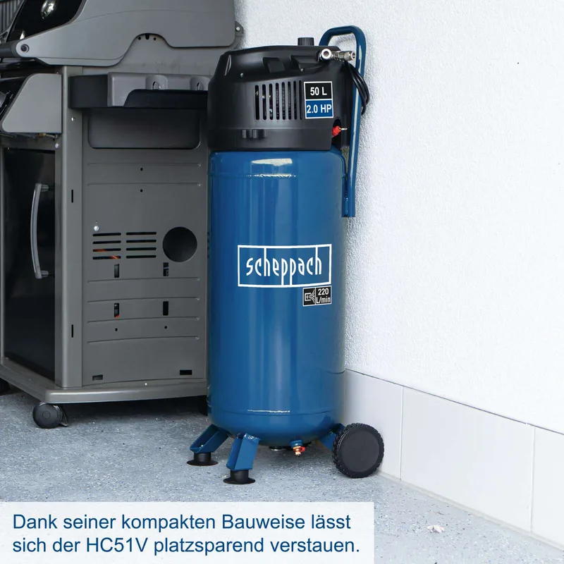 Compressor HC51V - 10 bar - 50L - 1500W - Olievrije compressor - 2pk van Scheppach, Blauw – productafbeelding 4 van 5
