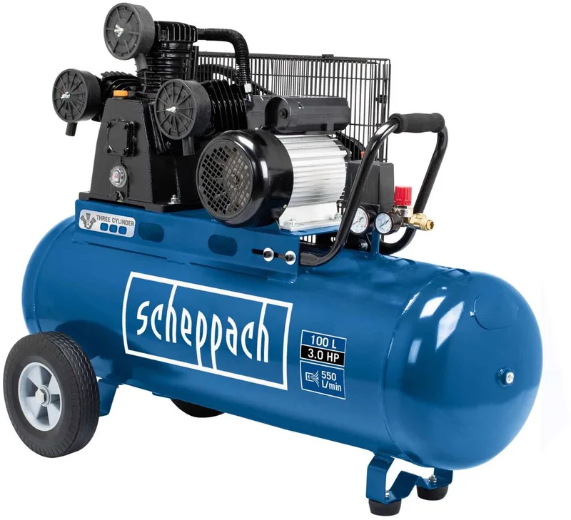 Compressor HC550TC - 100L - 3 cilinders - 10 bar - 2200W - 550L/min - 3pk - 230V van Scheppach, Blauw – productafbeelding