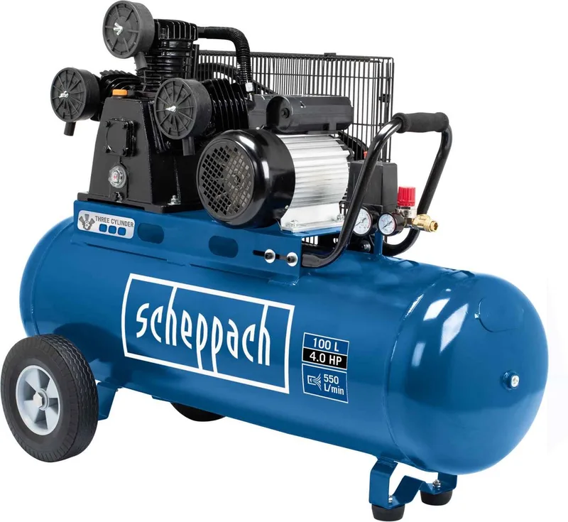 Compressor HC550TC - 100L - 3 cilinders - 10 bar - 3000W - 550L/min - 3pk - 400V van Scheppach, Blauw – productafbeelding