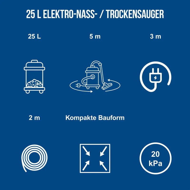 Elektro Nass-/Trockensauger VC25 Scheppach inkl. Polsterreinigungsbürste PRB300 - 1200W | 2m Schlauchlänge | 3m Kabel | 25L Fassungsvermögen de Scheppach – image du produit 3 sur 5