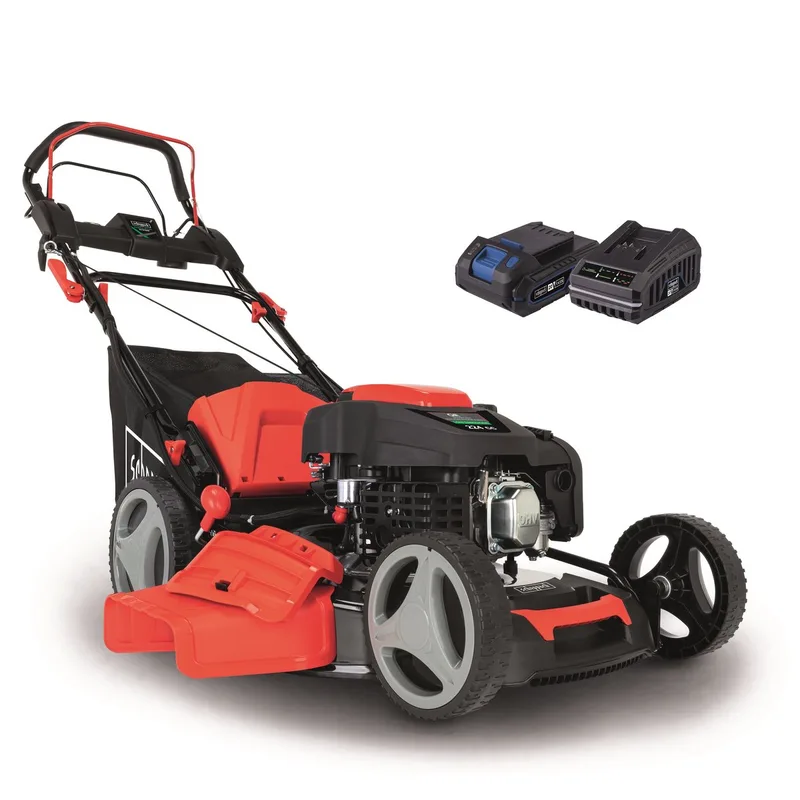 Grasmaaier Benzine met hybride start M225-53E - Zelfrijdend - Mulchfunctie - 53cm maaibreedte - Maaihoogte in 7 stappen verstelbaar: 25-75mm - 4-takt - 224cc - 6pk - Voor tuinen tot 1800m² - met 65L opvangbak by Scheppach – product image