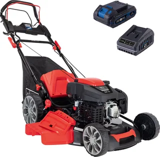 Grasmaaier Benzine met hybride start M225-56E - Zelfrijdend - Mulchfunctie - 56cm maaibreedte - Maaihoogte in 7 stappen verstelbaar: 25-75mm - 4-takt - 224cc - 6pk - Voor tuinen tot 2200m² - met 65L opvangbak by Scheppach – product image 1 of 5